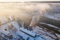 Aerial view of Venta river waterfall, the widest waterfall in Europe in foggy winter day, Kuldiga, Latvia Royalty Free Stock Photo