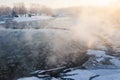 Aerial view of Venta river waterfall, the widest waterfall in Europe in foggy winter day, Kuldiga, Latvia Royalty Free Stock Photo