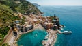 Aerial view of Vernazza and coastline of Cinque Terre,Italy.UNESCO Heritage Site.Picturesque colorful village by Mediterranean sea