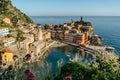 Aerial view of Vernazza and coastline of Cinque Terre,Italy.UNESCO Heritage Site.Picturesque colorful village on rock above sea.