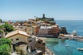 Aerial view of Vernazza and coastline of Cinque Terre,Italy.UNESCO Heritage Site.Picturesque colorful village on rock above sea.