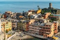 Aerial view of Vernazza and coastline of Cinque Terre,Italy.UNESCO Heritage Site.Picturesque colorful village on rock above sea.