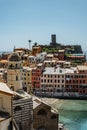 Aerial view of Vernazza and coastline of Cinque Terre,Italy.UNESCO Heritage Site.Picturesque colorful village on rock above sea.