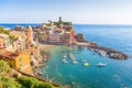 Aerial view of Vernazza, 5 Terre, La Spezia province, Ligurian coast, Italy. Royalty Free Stock Photo