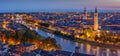 Aerial view of Verona city night cityscape and church Santa Anastasia, with Adige river , located in Veneto, Italy, viewed from Royalty Free Stock Photo