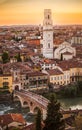 Aerial view of Verona city sunset cityscape, with Adige river a