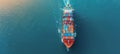 Aerial view of vibrant container cargo ship in blue sea with copy space for text Royalty Free Stock Photo