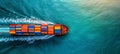 Aerial view of vibrant container cargo ship in blue sea with copy space for text placement. Royalty Free Stock Photo