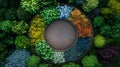 Aerial view of a vibrant garden displaying an array of colorful plants arranged in a circular layout, showcasing natural beauty
