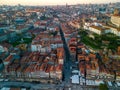 Aerial view of the vibrant Ribeira district in the city of Porto, Portugal at sunset. Royalty Free Stock Photo