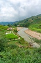 Aerial view of Vietnamese countryside with tourist and local women