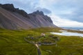 Aerial view of a viking village in Stokksnes under Vestrahorn mountain, Iceland Royalty Free Stock Photo