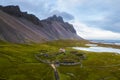 Aerial view of a viking village in Stokksnes under Vestrahorn mountain, Iceland