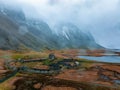 Aerial view of a viking village on a stormy rainy day in Iceland. Royalty Free Stock Photo