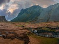 Aerial view of a viking village on a stormy rainy day in Iceland. Royalty Free Stock Photo