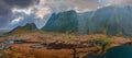 Aerial view of a viking village on a stormy rainy day in Iceland. Royalty Free Stock Photo