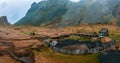 Aerial view of a viking village on a stormy rainy day in Iceland. Royalty Free Stock Photo