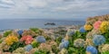 Aerial view of Vila Franca do Campo town with its famous volcanic islet near the coast. Sao Miguel island, Azores Royalty Free Stock Photo