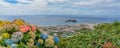 Aerial view of Vila Franca do Campo town with its famous volcanic islet near the coast. Sao Miguel island, Azores Royalty Free Stock Photo