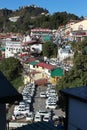 Aerial view of village and car parking in the morning, Mussoorie, Uttarakhand