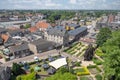 Aerial view village centre Dutch city Cuijk along river Meuse