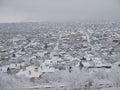 Aerial view village among the fields and forests in winter. winter landscape snow covered field and trees in countryside Royalty Free Stock Photo