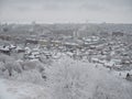 Aerial view village among the fields and forests in winter. winter landscape snow covered field and trees in countryside Royalty Free Stock Photo