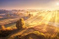 Aerial view of village in fog with golden sunbeams at sunrise