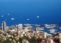 Aerial view from village La Turbie to Principality Monaco, Monte-Carlo, port Hercule, Prince Palace, Mountains, yachts, boats Royalty Free Stock Photo