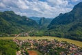 Aerial view of village of Nong Khiaw. North Laos. Southeast Asia. Photo made by drone from above. Bird eye view Royalty Free Stock Photo