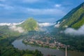 Aerial view of village of Nong Khiaw. North Laos. Southeast Asia. Photo made by drone from above. Bird eye view Royalty Free Stock Photo