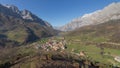 Aerial view of the village of Posada de Valdeon, Picos de Europa National Park, Spain