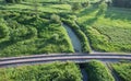 Aerial view of the village railway going across the bridge.