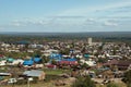 Aerial view of the village Taezhny in the deep taiga in summer. Krasnoyarsk region. Russia