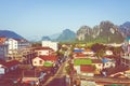 Aerial view of village at Vang Vieng , Laos. Southeast Asia. Photo made by drone from above. Bird eye view