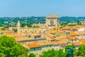 Aerial view of Villeneuve les Avignon dominated by a collegial church, France