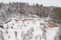 Aerial view of Vilnia river and snow covered geological Puckoriai exposure in Vilnius, the highest exposure in Lithuania Royalty Free Stock Photo