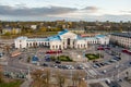 Aerial view of Vilnius train station and a roundabout in front of it