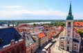 Aerial view of the Vistula Wisla river with bridge and historical buildings of the medieval city of Torun, Poland. August 2019