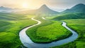 Aerial view of vivid green farmland by river, digital art with matte finish, agricultural landscape Royalty Free Stock Photo