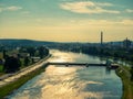 Aerial view of Vltava River with Troja Bridge in Prague