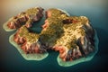 aerial view of a volcanic archipelago formation