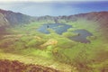 Aerial view of volcanic crater Caldeirao with a beautiful lake on the top of Corvo island. Azores islands, Portugal Royalty Free Stock Photo