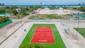 Aerial view of Volleyball court at the Maamigili secluded tropical island at the Alif Dhaal Atoll at the indian ocean Royalty Free Stock Photo