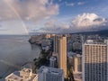 Aerial view of Waikiki Hawaii with a rainbow