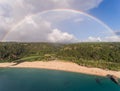 Aerial view of Waimea bay beach park with a rainbow