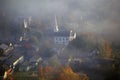 Aerial view of Waitsfield, VT in fog with church steeple on Scenic Route 100 in Autumn Royalty Free Stock Photo