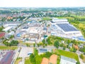 Aerial view of warehouse storages or industrial factory or logistics center from above. Aerial view of industrial buildings and Royalty Free Stock Photo