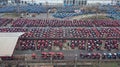 Aerial view of warehouse of tractors. Business and industrial concept