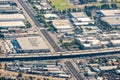 Aerial view of warehouses and the freeway in Southern California